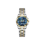 Стальной ремешок, синий циферблат.