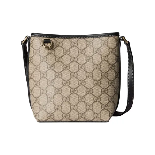 GUCCI GG Emblem Ткань с покрытием Ведрообразная сумка Сумка через плечо Мини Женский Бежевый и Черный