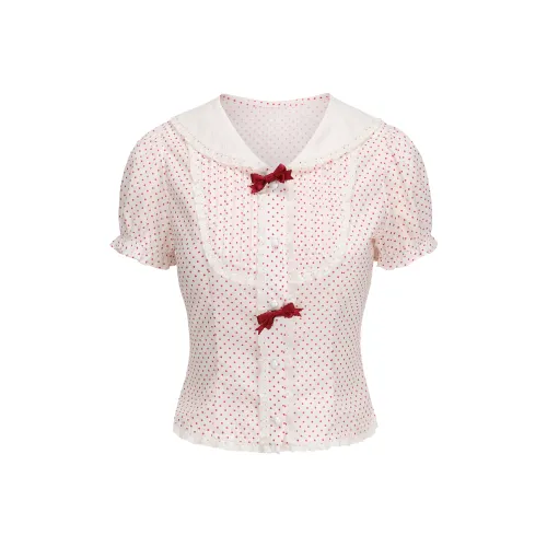 CHIWAWAMEME Кремовый Бежевый и Красный в Полка Дот Рубашка Женская T Рубашка