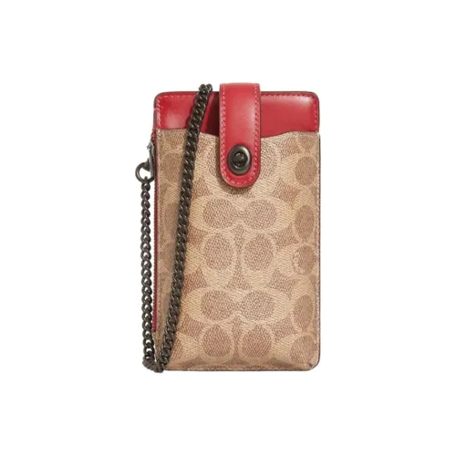 COACH Turnlock Покрытие Холст С кожей Вставка Чехол для телефона Сумка через плечо Мини Женская Коричневый Красный