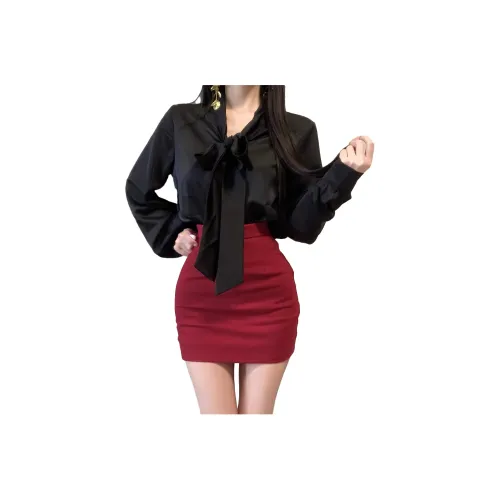 PAZZO Черная Рубашка + Красная Короткая Юбка Женские Юбочные Комплекты