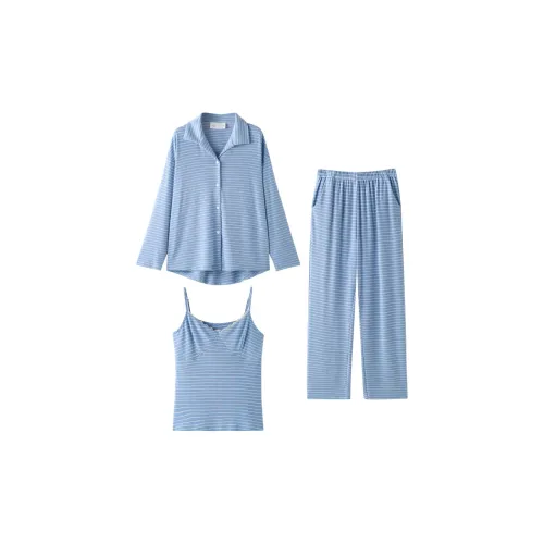 MEONSILL C55396 Светло-синий Полосы Кружево Украшения Топ на бретелях + Длинные рукава Брюки Женские Пижамные комплекты