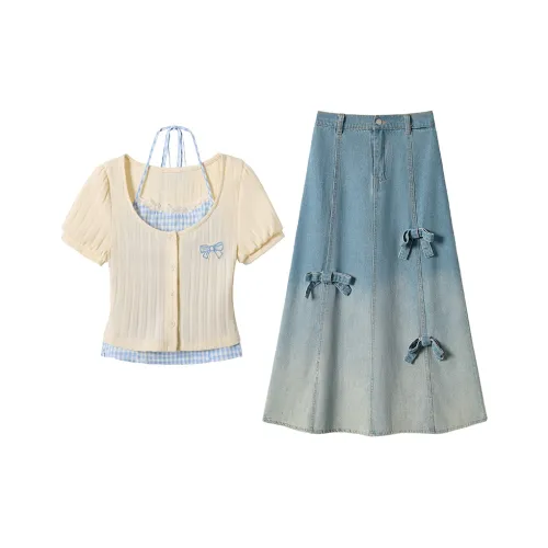 PAZZO Абрикос Длинный рукав Топ + Деним Юбка Женские Комплекты с юбкой