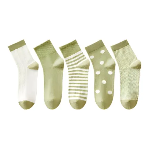 MADALLO [5 пар] Плиссированные + Полосатые + Белые + Точка + Зеленые Женские носки MID до икры