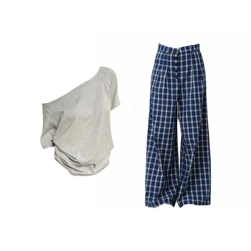 BIFH Серый Off The Плечо T Рубашка + Синие Клетчатые Брюки Женские Повседневные Костюмы