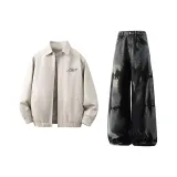 Бежевая кожаная куртка + черные штаны