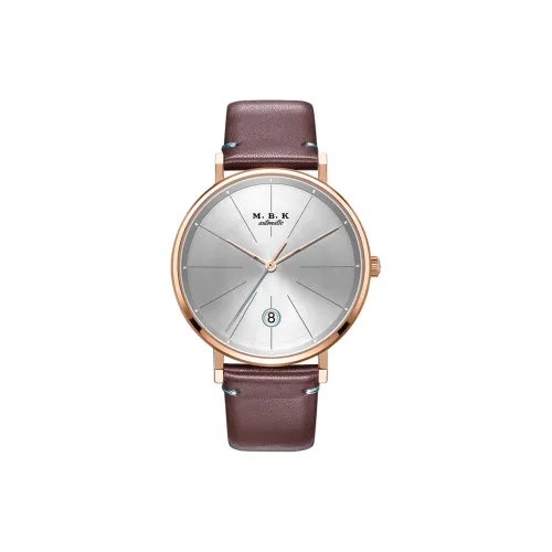 MBK Автоматический Механический Механизм Коровья Кожа Ремешок Часы Мужские Серебристый Циферблат