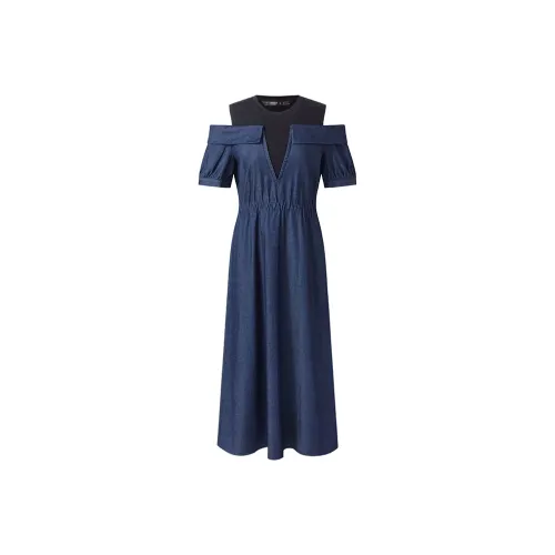 GOELIA Короткий рукав Платье Женское Темно-джинсовый синий