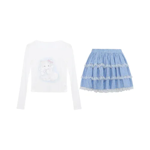 PAZZO Белый топ + Синяя клетка Короткая юбка Женские Комплекты с юбкой