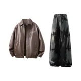 Кофейный кожаный куртка + черные штаны