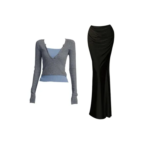 MARIE·COCO Серый Mock Двухкомпонентный комплект + Юбка Женские Юбочные комплекты