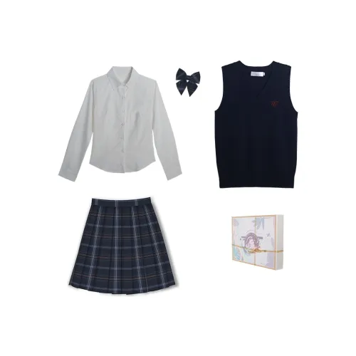 Одежда Sets Длинный рукав Облегающий крой Рубашка + Темно-синий жилет + Мирная юбка Женская униформа