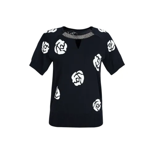 Tang Xi Элегантность Круглый вырез Камелия Дизайн Вышитая версия Ледяной Льняная ткань Трикотаж Женские