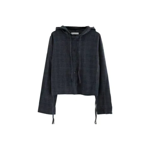 LOWEAR Темный Check Складные Капюшон Рубашка Рубашка Женская