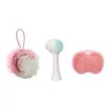 Розовый Бежевый, Скрабы и Мочалки для тела + Розовый Силиконовый Пад + Щетка для очищения лица