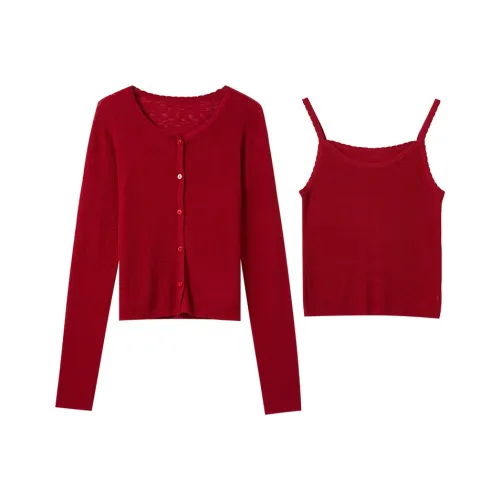 3COLOUR Одежда Комплекты Красный Кардиган + Топ на бретелях Женские Повседневные Костюмы