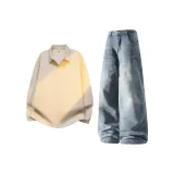 Топ цвета экрю + винтажные синие штаны