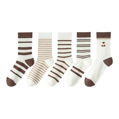 MADALLO [5 пар] Толстые полосы + Светло-коричневые полосы + Полоска + Медвежонок Женские MID Носки до икры