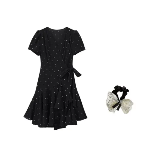 Черный + Резинка для волос + С подарками Женские Платья с коротким рукавом