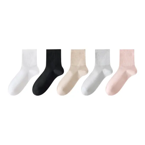 MADALLO [5 пар] Белый + Черный + Светлый Абрикос + Светлый Серый + Розовый Женские Носки MID до икры