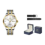 Стальной ремешок с белым циферблатом.