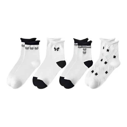 MADALLO [4 пачки] Белый Бабочка + Черный Бабочка + Черно-белые полосы + Белая клетка Женские MID Носки до икры
