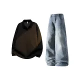 Чёрный топ + винтажные синие штаны