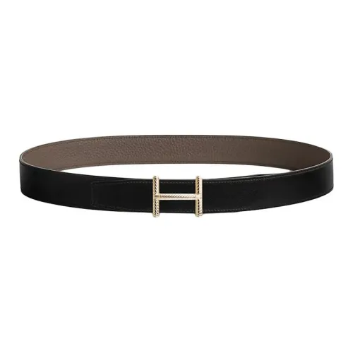 HERMES Телячья кожа Кожаные ремни Мужской Черный Оловянно-серый Ширина 3,2CM