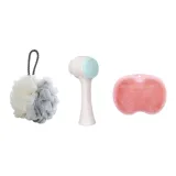 Губка для ванной серо-бежевого цвета + розовый силиконовый коврик + щетка для очищения лица