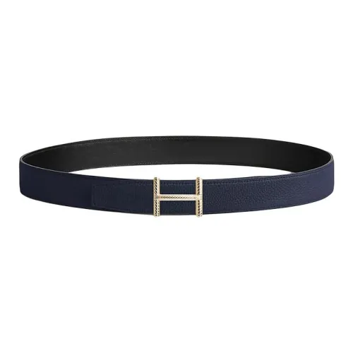 HERMES Телячья кожа Кожаные ремни Мужской Черный Полночный синий 3,2 см