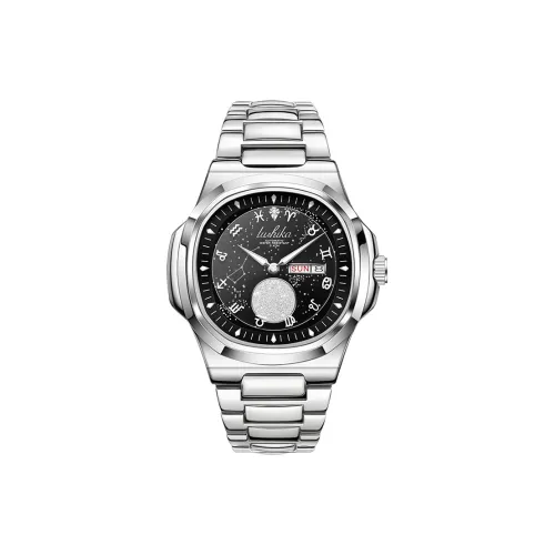 Lushika Кварцевый Автоматический Механический Механизм Ремешок из Нержавеющей Стали Часы для Мужчин Черный Циферблат