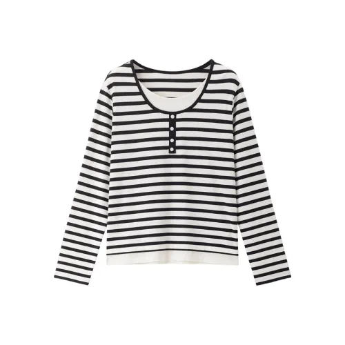 Giordano 49 Черный Абрикос Полосы Женские T Рубашки