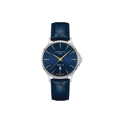 Certina Кварцевый механизм Мужские часы Часы 40 мм Синий циферблат Корпус из нержавеющей стали Ремешок из натуральной кожи
