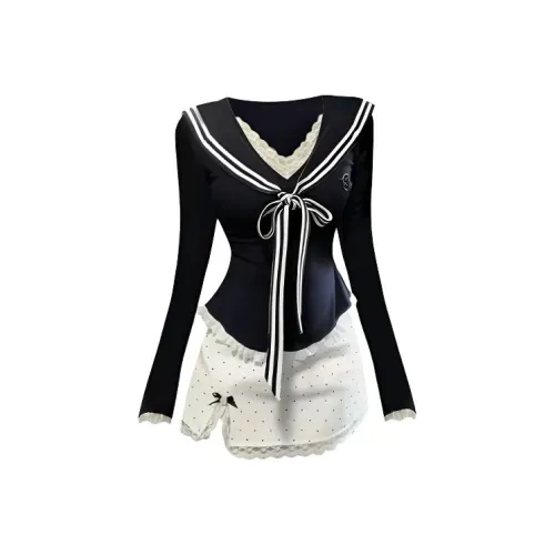 HUINIAN Темно-синий синий топ + белая короткая юбка в горошек женский комплект