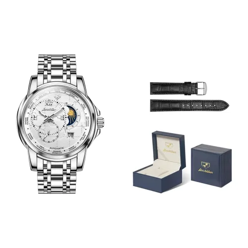 Jin Shi Dun Многофункциональный Механический Механизм Коробка Нержавеющая Сталь Ремешок Часы Мужские Белый Циферблат