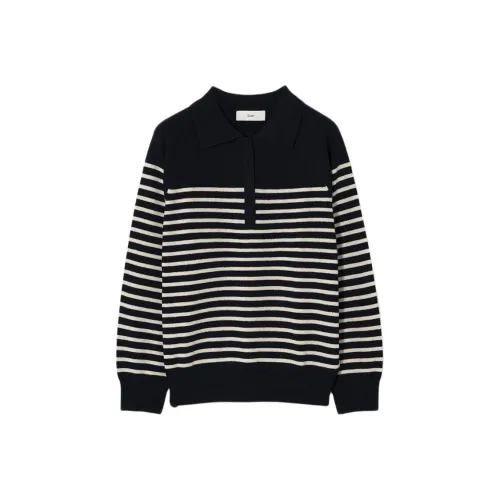 Dunst Унисекс Полосатый Полузастежка Вверх Свитер Французский Темно-синий Свитер Унисекс