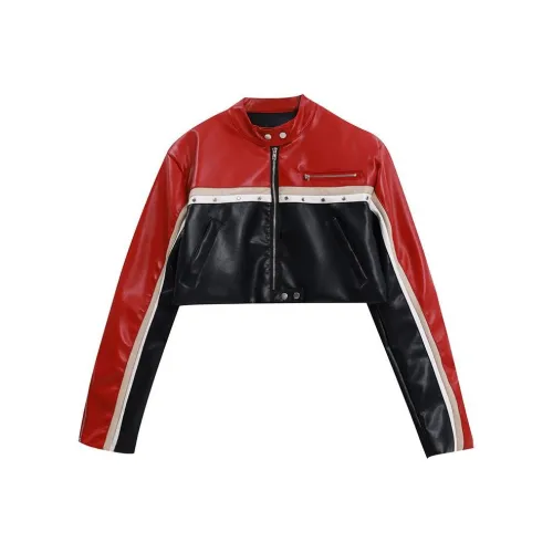 FOCOS STUDIO Черный Красный Кожаная Куртка Женская Куртка