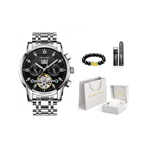 TINAIBIN Автоматический механический механизм стальной ремешок мужские часы черный циферблат