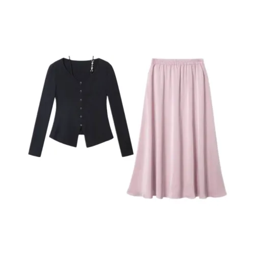 Icicofficial Черный кардиган + Розовая юбка Женские комплекты с юбкой