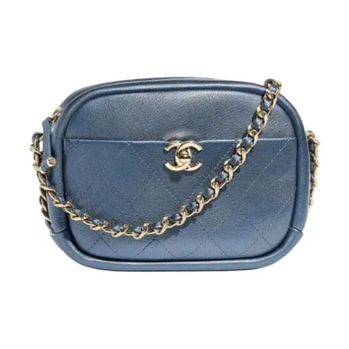 CHANEL Металл Текстура Овчина с Ярко-золотой Металл Camera Сумка Сумка через плечо Женские Синий