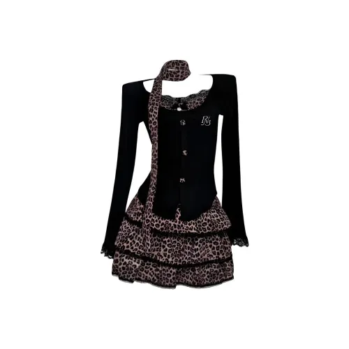 PNVB Черный топ + Леопардовый принт Короткая юбка Женские Комплекты с юбкой
