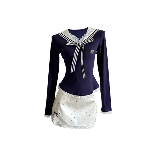 Meanalot Темно-синий + Гороховый Комплекты Женские Юбка и Топ