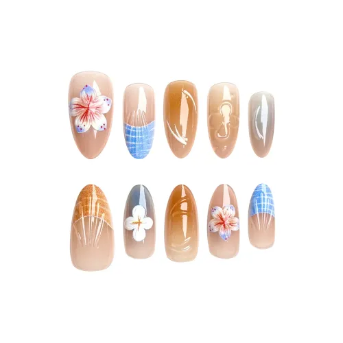 Yun Yue Joe Океанический Ледяной Цветочный дизайн Смешанный False Nail Миндаль Синий Стиль Smudge Instagram