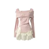 Розовый топ + Абрикосовая многослойная юбка [Двухкомпонентный комплект]