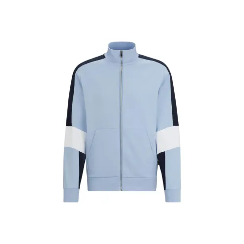 Hugo Boss Хлопковая Смешанная Толстовка ZIP UP с Цветовым Блокированием Куртки и Пальто Мужская Светло-Синяя