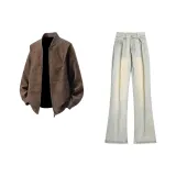 Кофейный кожаный куртка + желтые грязные джинсы