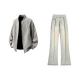 Серый кожаный куртка + желтые грязные джинсы