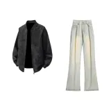 Черная кожаная куртка + желтые грязные джинсы