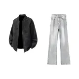 Черная кожаная куртка + дымчато-серые джинсы