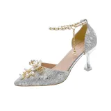 Серебряный, узкий каблук, 7 см